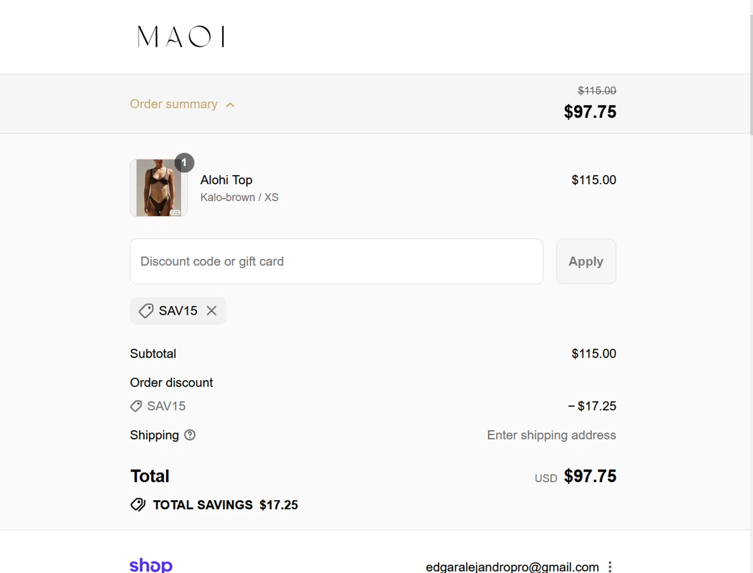 MAOI Swim promo code screenshot showing code sav15 applied at MAOI Swim checkout page. Uploaded by SimplyCodes community member ValiantLion5897 on Sep 12, 2025