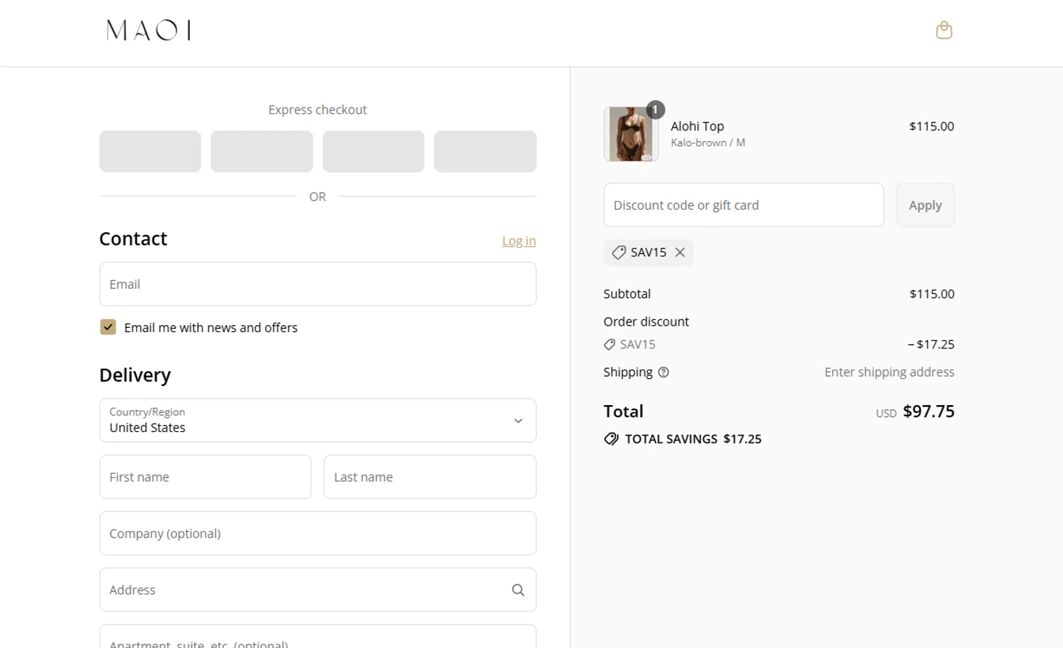 MAOI Swim promo code screenshot showing code sav15 applied at MAOI Swim checkout page. Uploaded by SimplyCodes community member joandgray9 on Jul 27, 2025