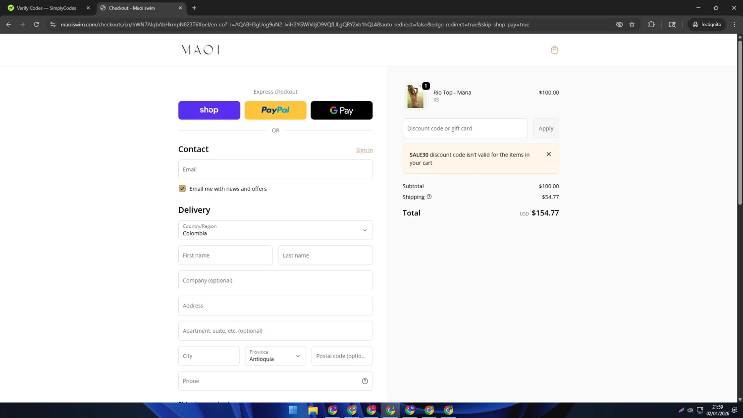 MAOI Swim checkout page showing MAOI Swim promo code box | Screenshot taken by SimplyCodes community member on Jan 3, 2026