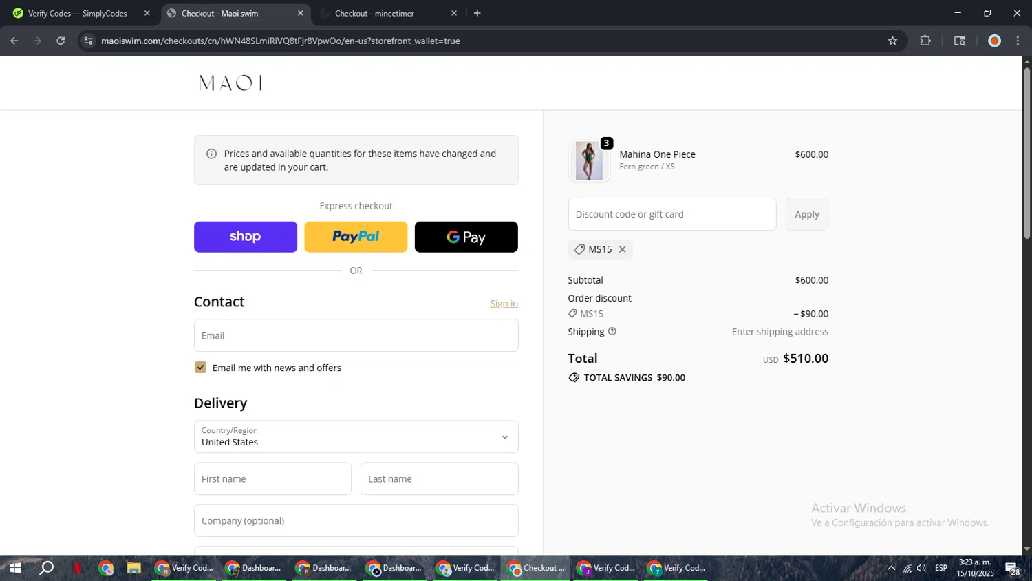 MAOI Swim promo code screenshot showing code MS15 applied at MAOI Swim checkout page. Uploaded by SimplyCodes community member BonusCaptain9927 on Oct 15, 2025