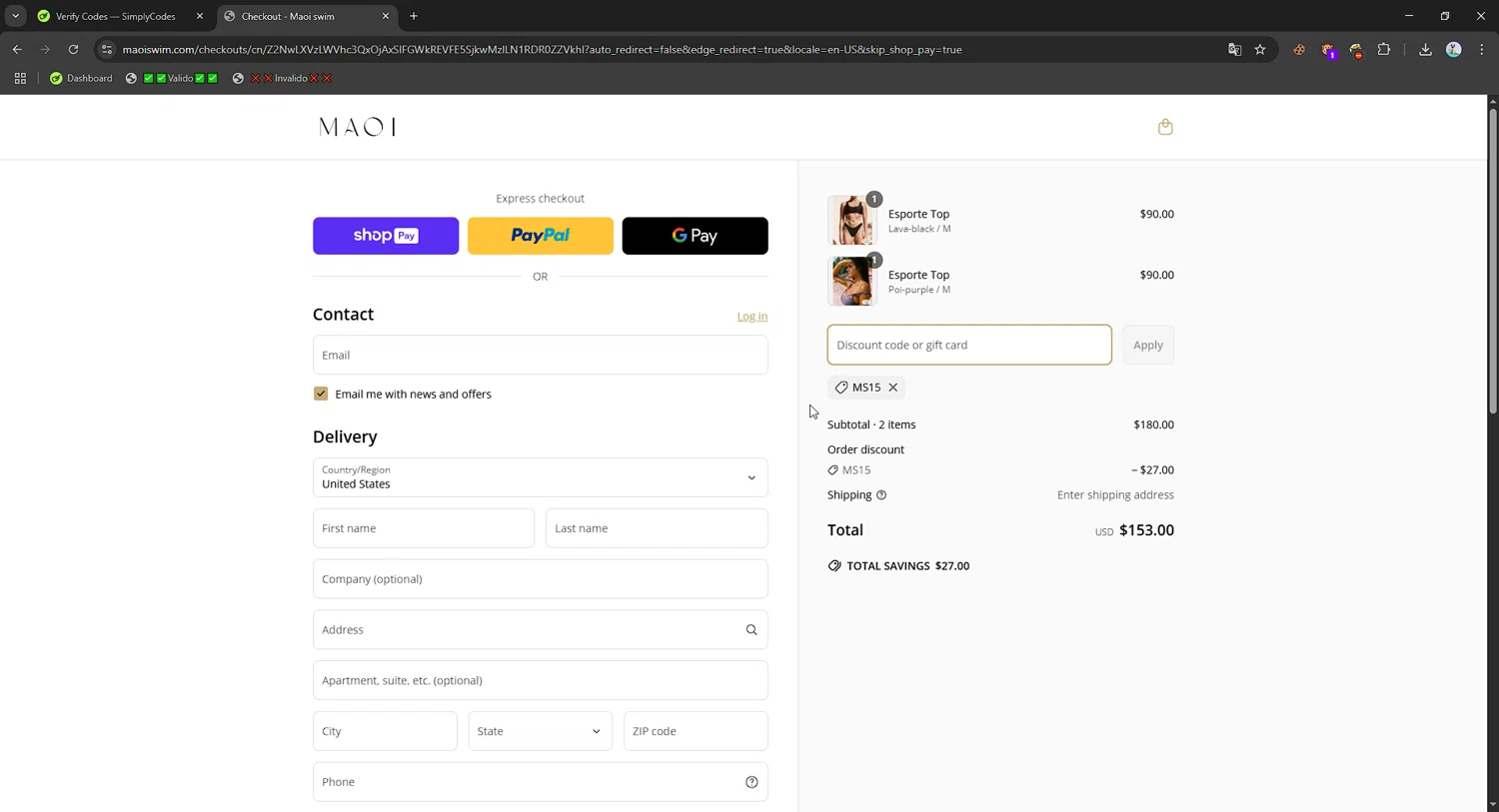MAOI Swim promo code screenshot showing code MS15 applied at MAOI Swim checkout page. Uploaded by SimplyCodes community member Mriko_Kien_lo_lea on Mar 29, 2025