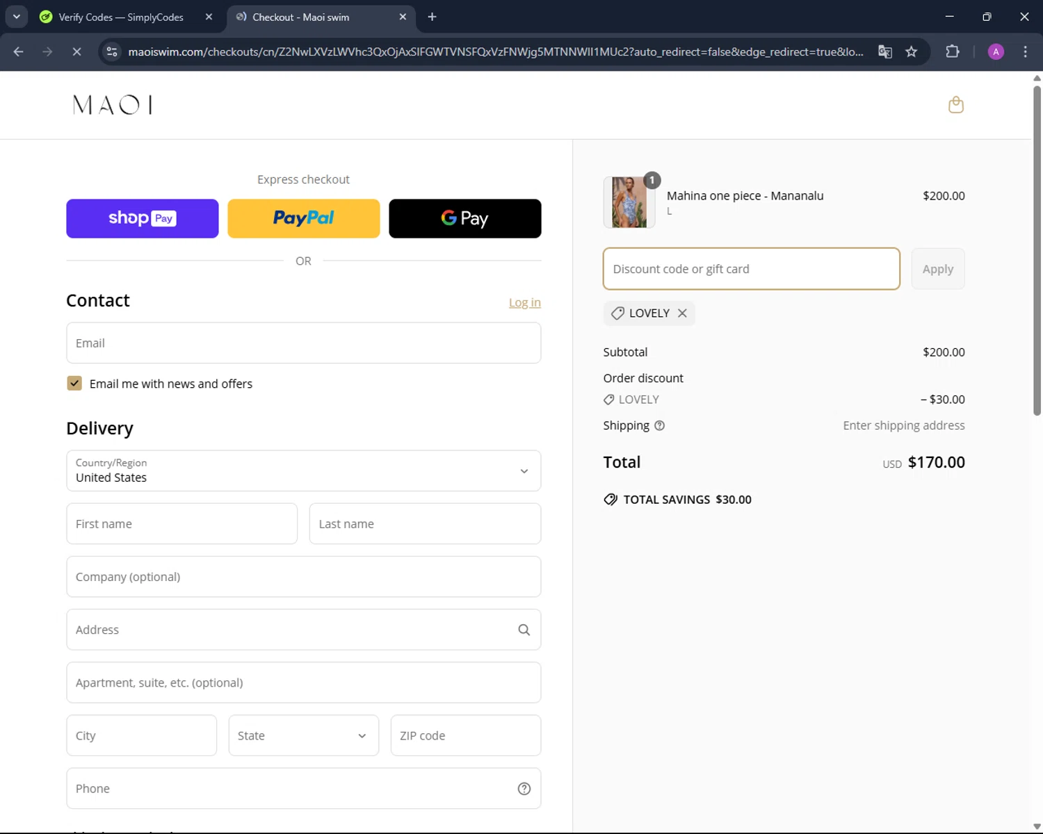 MAOI Swim promo code screenshot showing code LOVELY applied at MAOI Swim checkout page. Uploaded by SimplyCodes community member AV2ACG on Mar 29, 2025