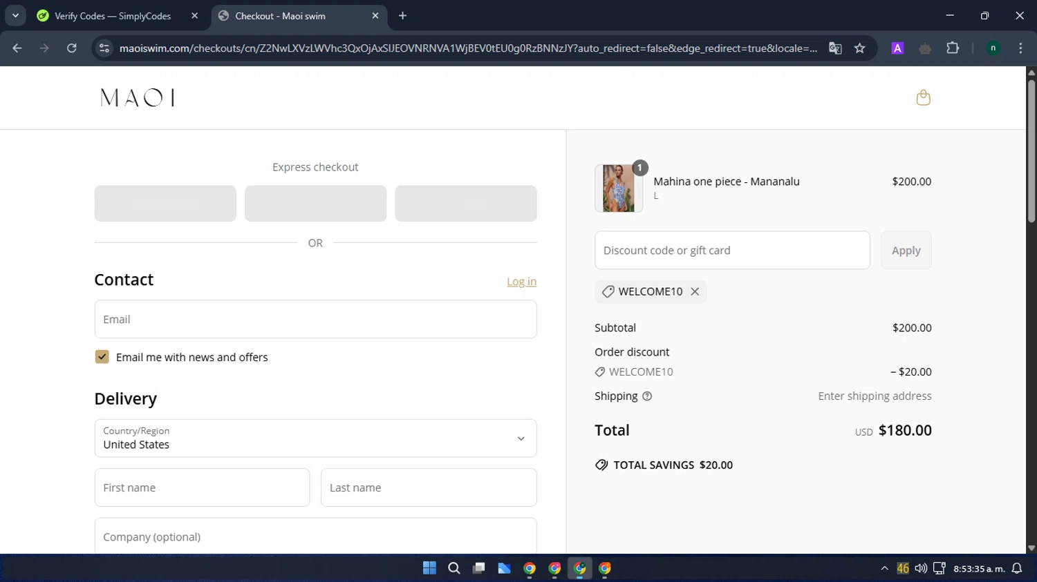 MAOI Swim promo code screenshot showing code WELCOME10 applied at MAOI Swim checkout page. Uploaded by SimplyCodes community member VoucherWizard5329 on Apr 9, 2025