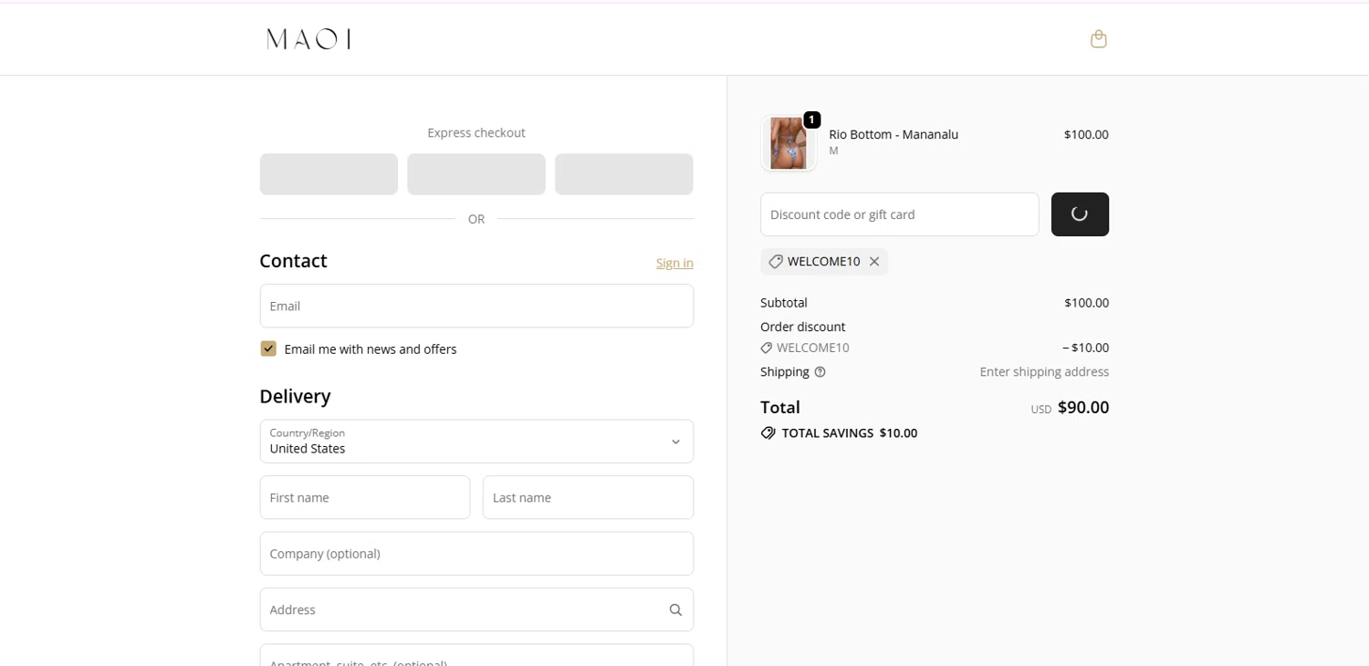 MAOI Swim checkout page showing MAOI Swim promo code box | Screenshot taken by SimplyCodes community member on Jan 3, 2026