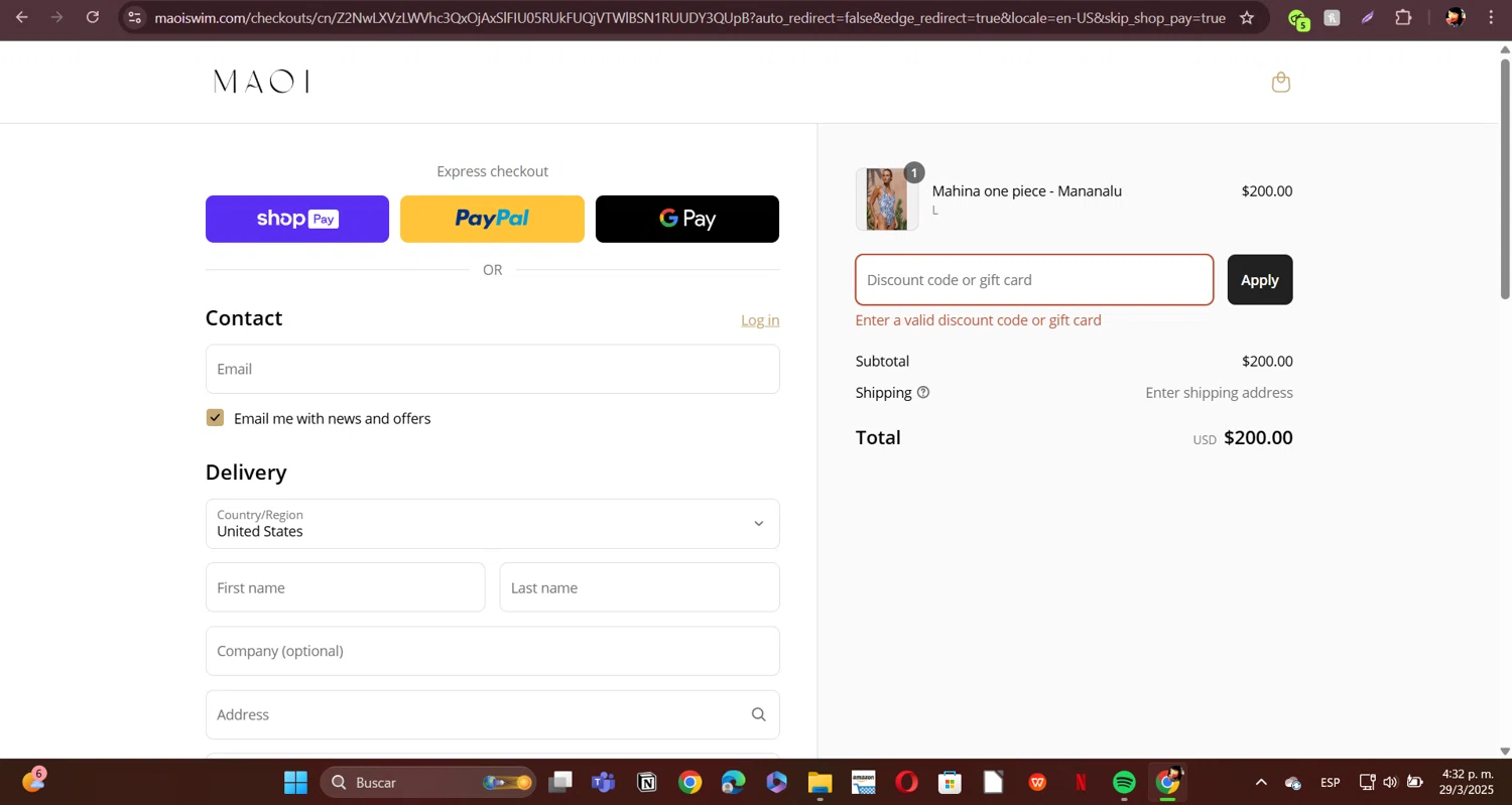 MAOI Swim promo code screenshot showing code WELCOME10 applied at MAOI Swim checkout page. Uploaded by SimplyCodes community member ERI0810 on Mar 29, 2025