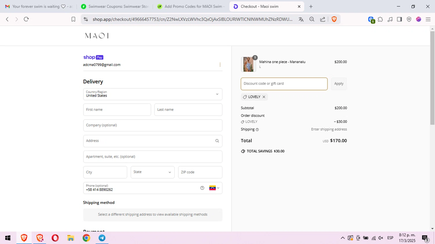 MAOI Swim promo code screenshot showing code LOVELY applied at MAOI Swim checkout page. Uploaded by SimplyCodes community member peachee on Mar 18, 2025