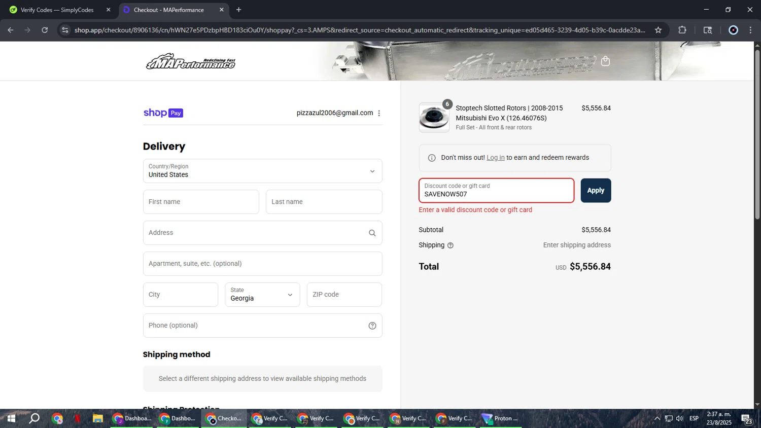 MAPerformance discount code screenshot showing code SAVENOW507 applied at MAPerformance checkout page. Uploaded by SimplyCodes community member RoyalBoss4384 on Aug 23, 2025