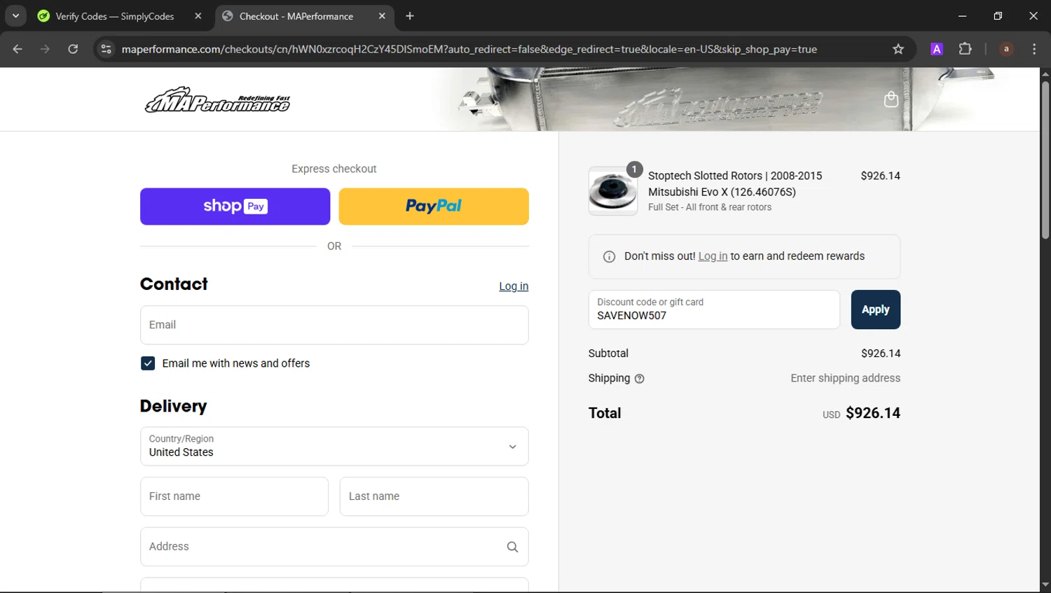 MAPerformance discount code screenshot showing code SAVENOW507 applied at MAPerformance checkout page. Uploaded by SimplyCodes community member b3stia_1 on Jul 23, 2025