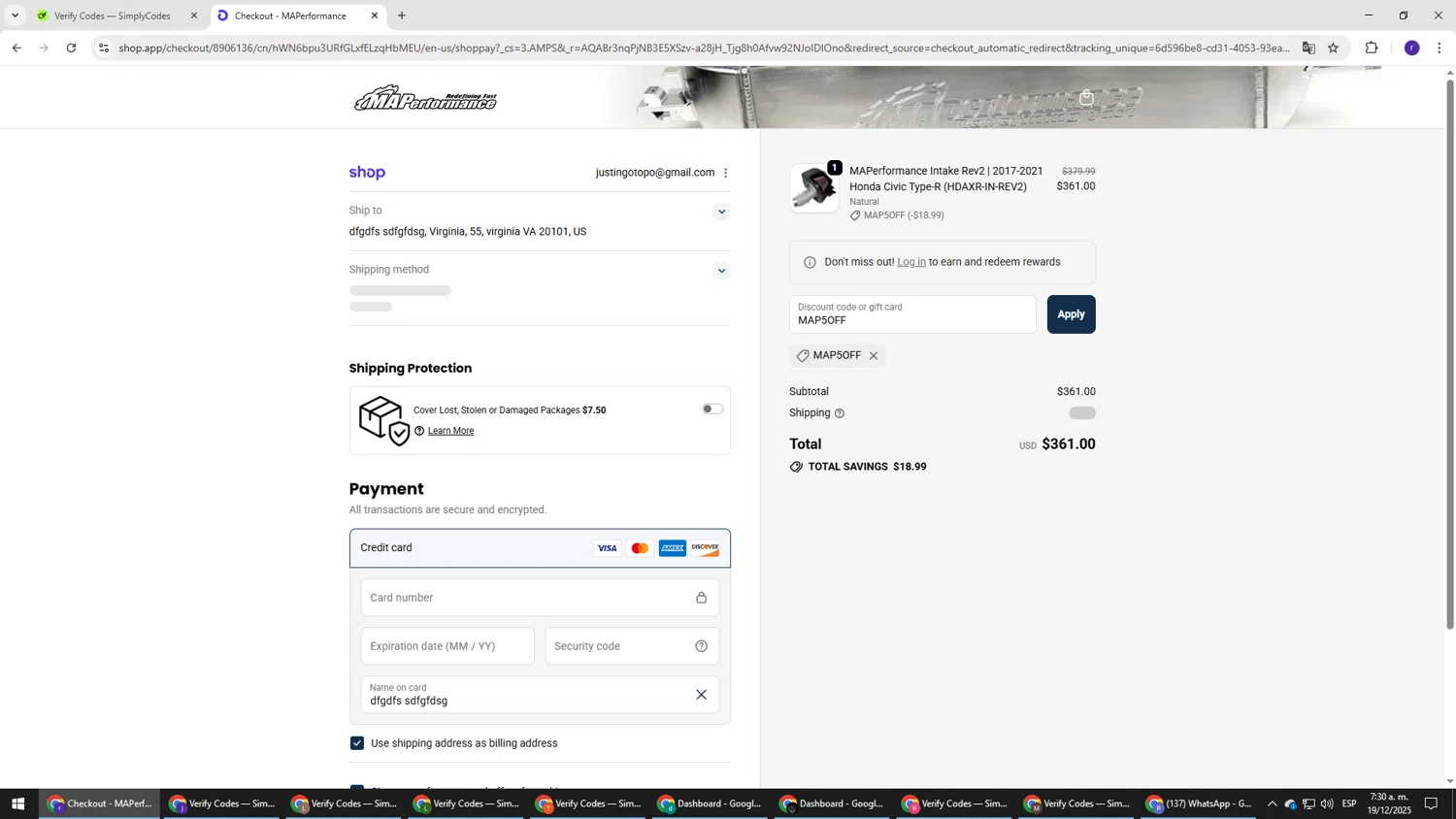 MAPerformance discount code screenshot showing code MAP5OFF applied at MAPerformance checkout page. Uploaded by SimplyCodes community member AberthGotopo on Dec 19, 2025