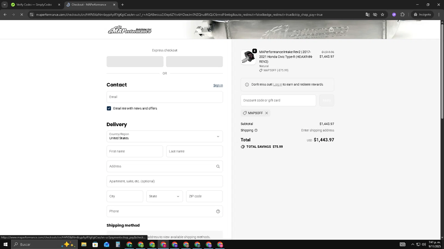 MAPerformance discount code screenshot showing code MAP5OFF applied at MAPerformance checkout page. Uploaded by SimplyCodes community member TOROREX250 on Nov 10, 2025