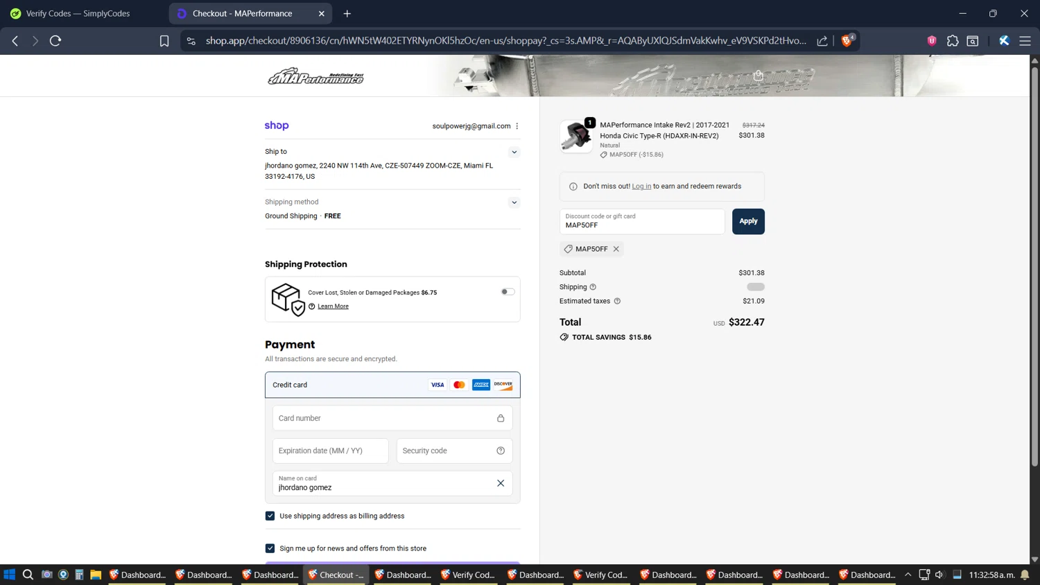 MAPerformance discount code screenshot showing code MAP5OFF applied at MAPerformance checkout page. Uploaded by SimplyCodes community member ZoilaPerrita on Nov 30, 2025