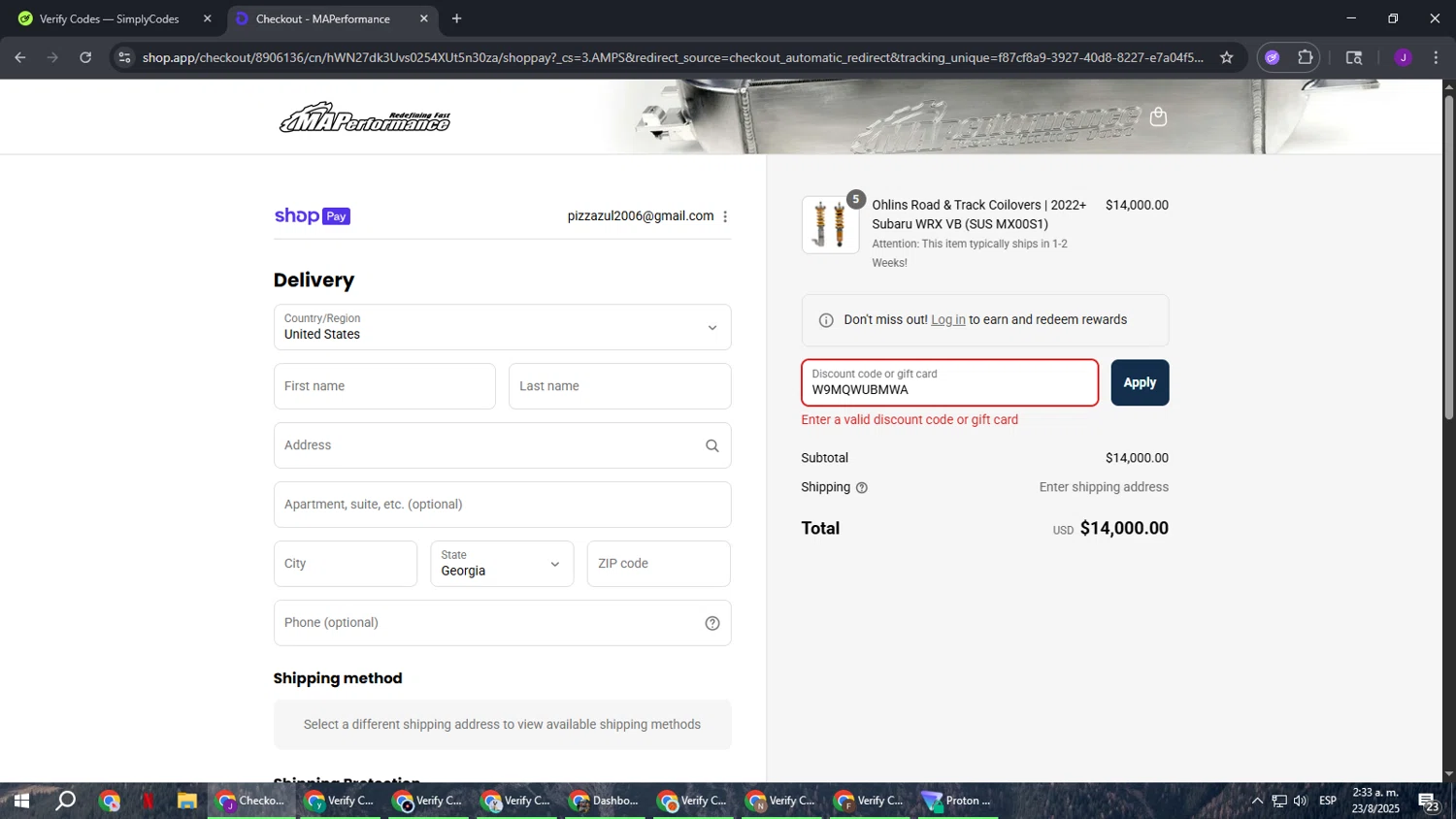 MAPerformance discount code screenshot showing code W9MQWUBMWA applied at MAPerformance checkout page. Uploaded by SimplyCodes community member ComeBurra123 on Aug 23, 2025