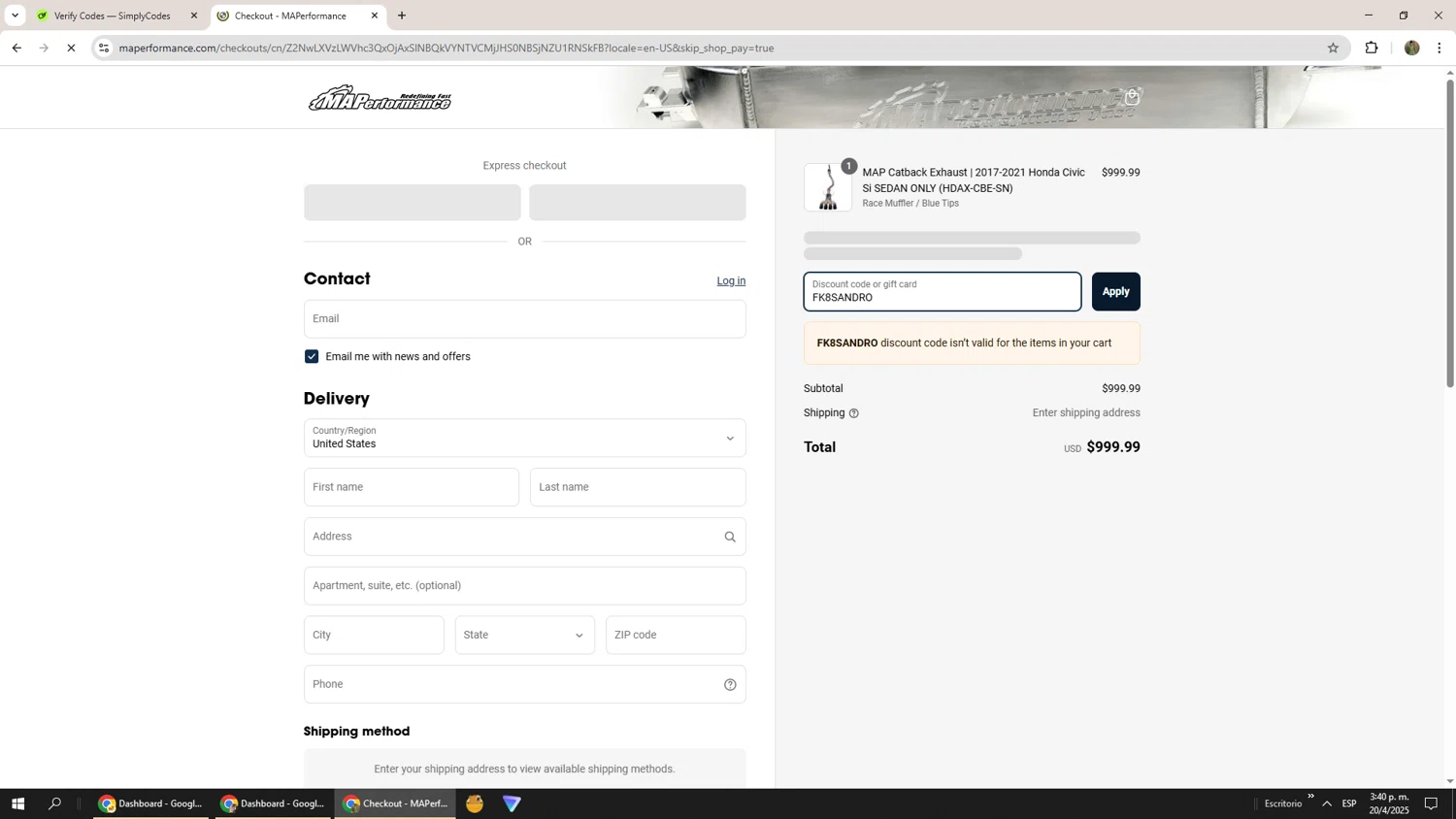 MAPerformance discount code screenshot showing code FK8SANDRO applied at MAPerformance checkout page. Uploaded by SimplyCodes community member Phoenix585 on Apr 20, 2025