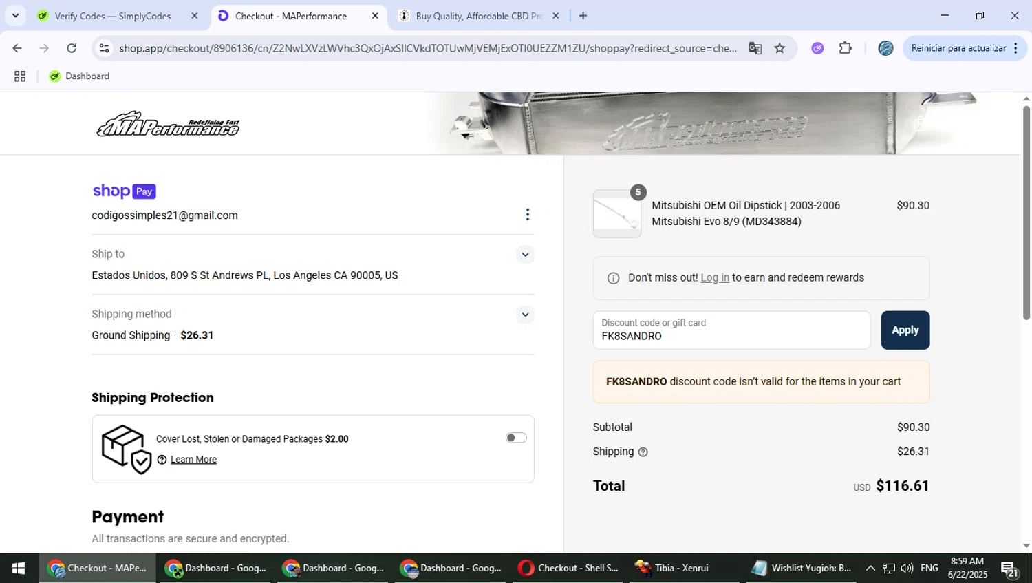 MAPerformance discount code screenshot showing code FK8SANDRO applied at MAPerformance checkout page. Uploaded by SimplyCodes community member PokeGOAT on Jun 22, 2025