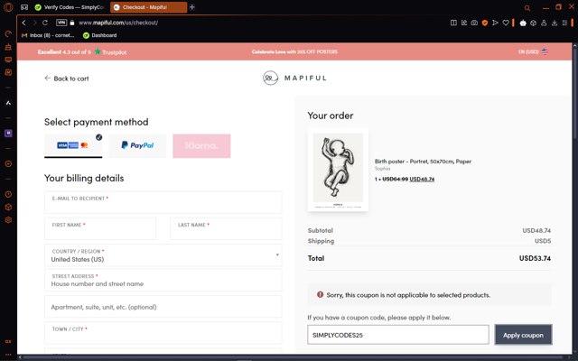 MAPIFUL checkout page showing MAPIFUL coupon code box | Screenshot taken by SimplyCodes community member on Jan 24, 2025
