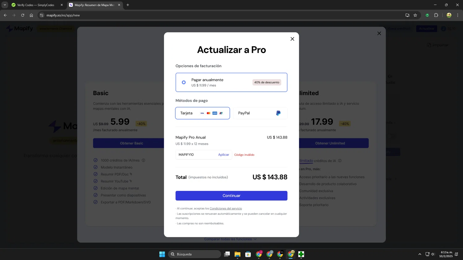 Mapify promo code screenshot showing code MAPIFY10 applied at Mapify checkout page. Uploaded by SimplyCodes community member Leoncio on Feb 10, 2025