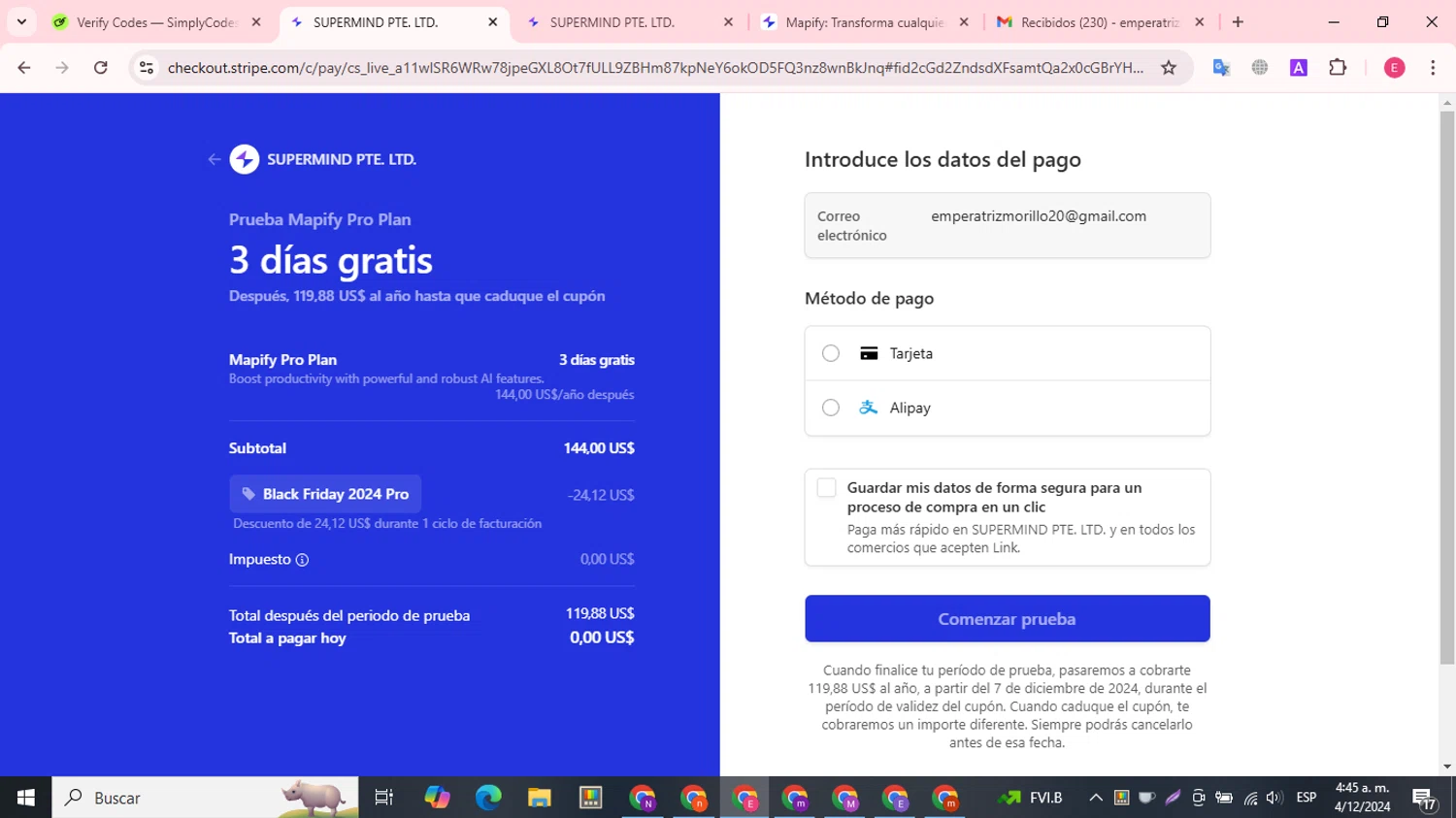 Mapify checkout page showing Mapify promo code box | Screenshot taken by SimplyCodes community member on Dec 4, 2024