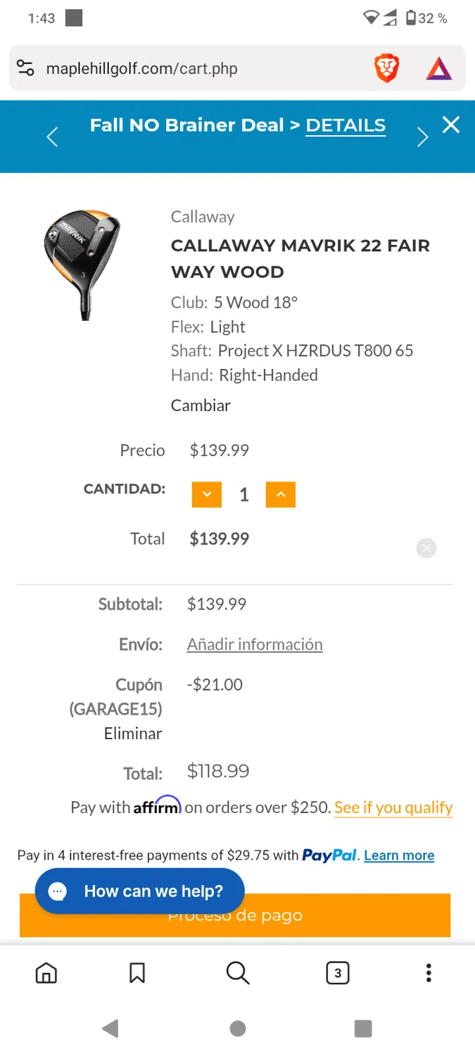 Maple Hill Golf coupon code screenshot showing code GARAGE15 applied at Maple Hill Golf checkout page. Uploaded by SimplyCodes community member Alejandra10 on Oct 13, 2025