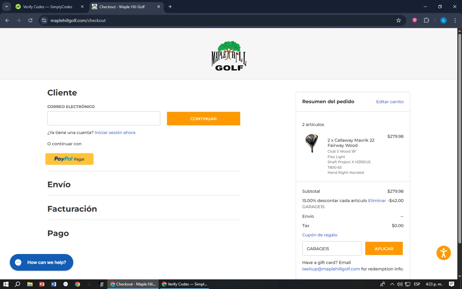 Maple Hill Golf coupon code screenshot showing code GARAGE15 applied at Maple Hill Golf checkout page. Uploaded by SimplyCodes community member bilijr on Oct 24, 2025