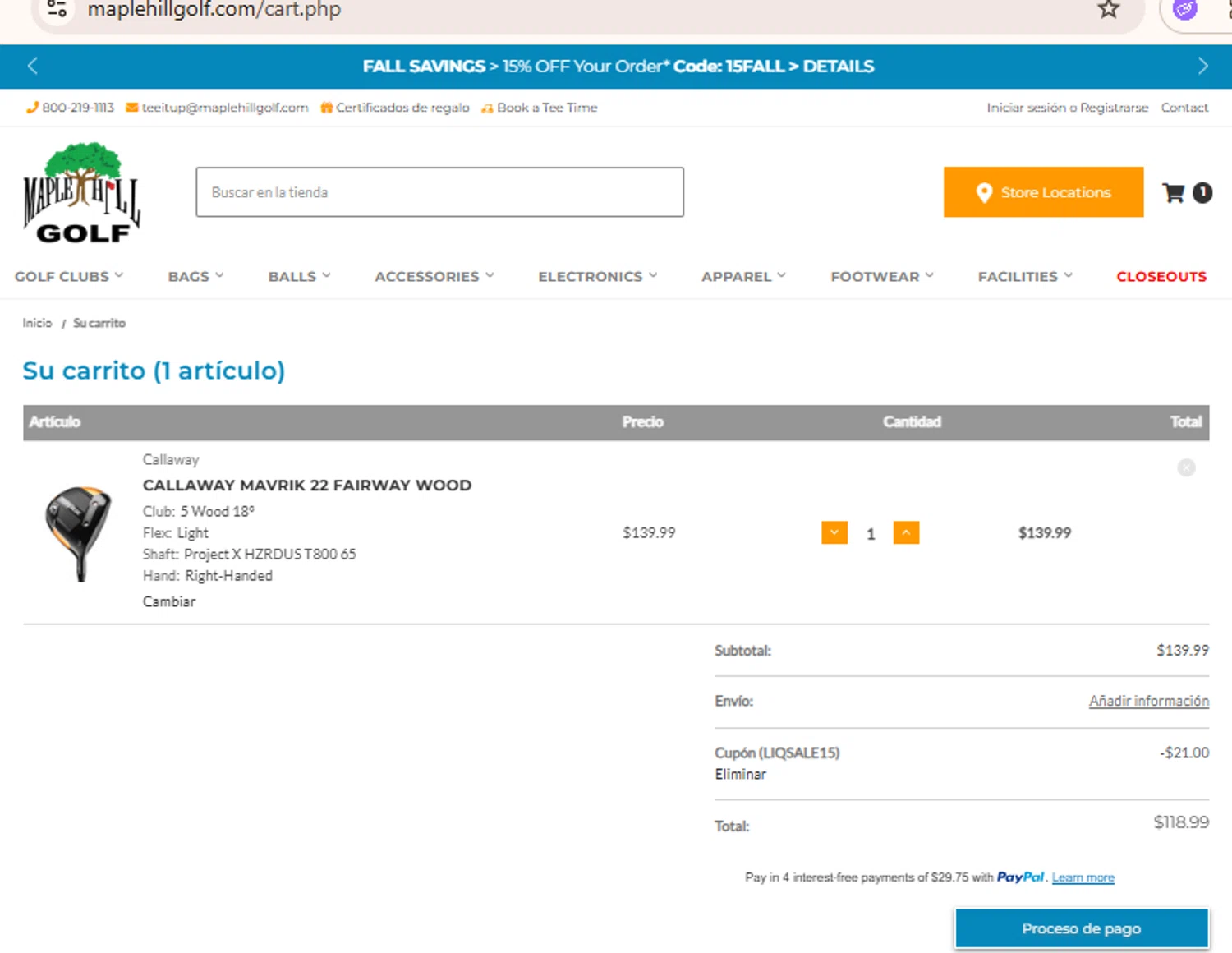Maple Hill Golf coupon code screenshot showing code LIQSALE15 applied at Maple Hill Golf checkout page. Uploaded by SimplyCodes community member BudgetLion5814 on Oct 4, 2025