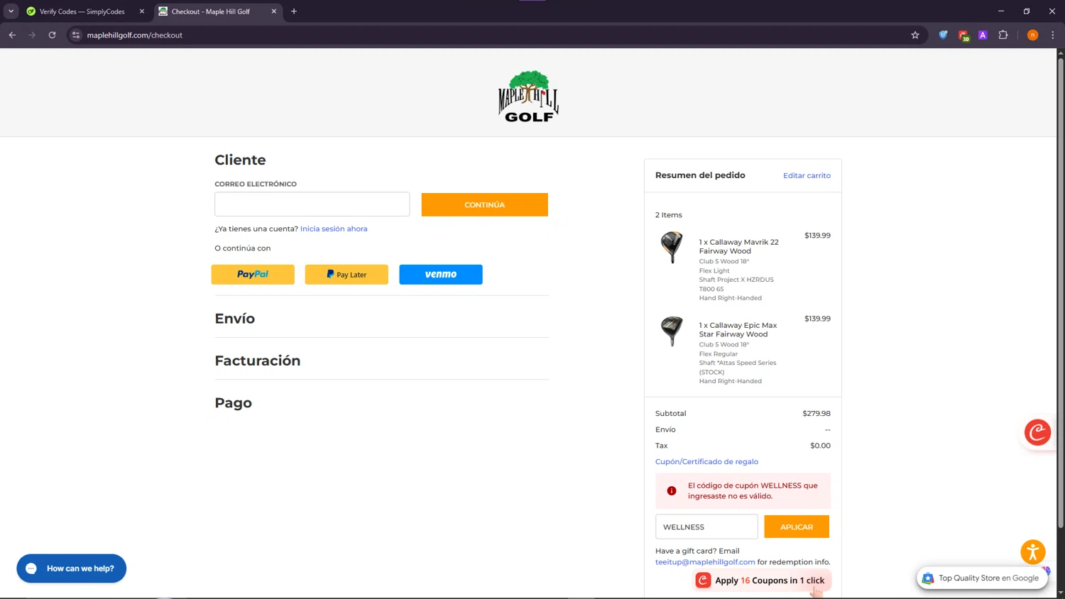 Maple Hill Golf coupon code screenshot showing code LIQSALE15 applied at Maple Hill Golf checkout page. Uploaded by SimplyCodes community member NobleScholar188 on Oct 3, 2025