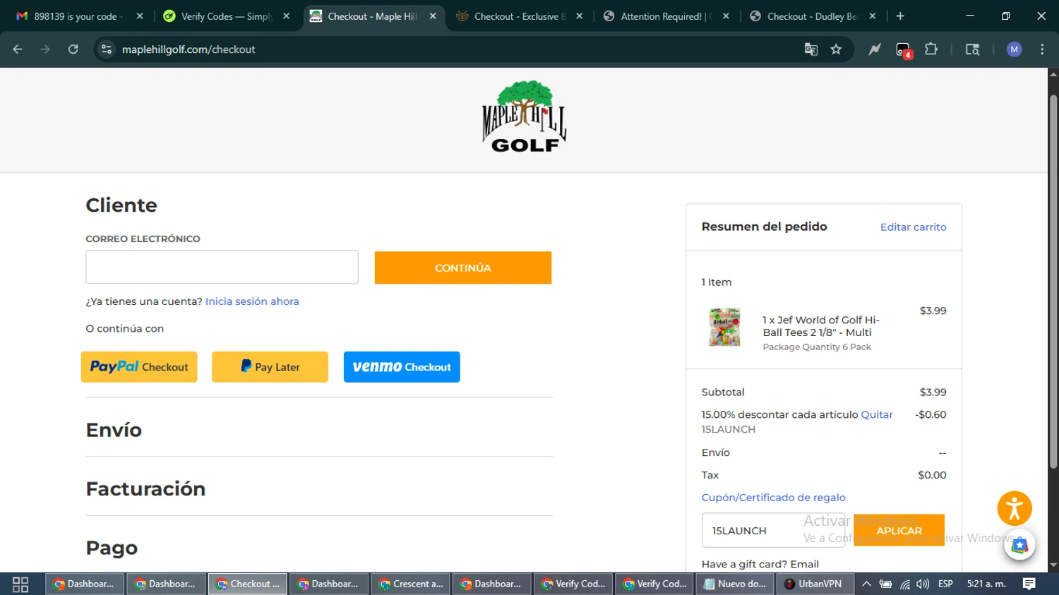 Maple Hill Golf coupon code screenshot showing code 15LAUNCH applied at Maple Hill Golf checkout page. Uploaded by SimplyCodes community member PrimeFox5260 on Dec 3, 2025