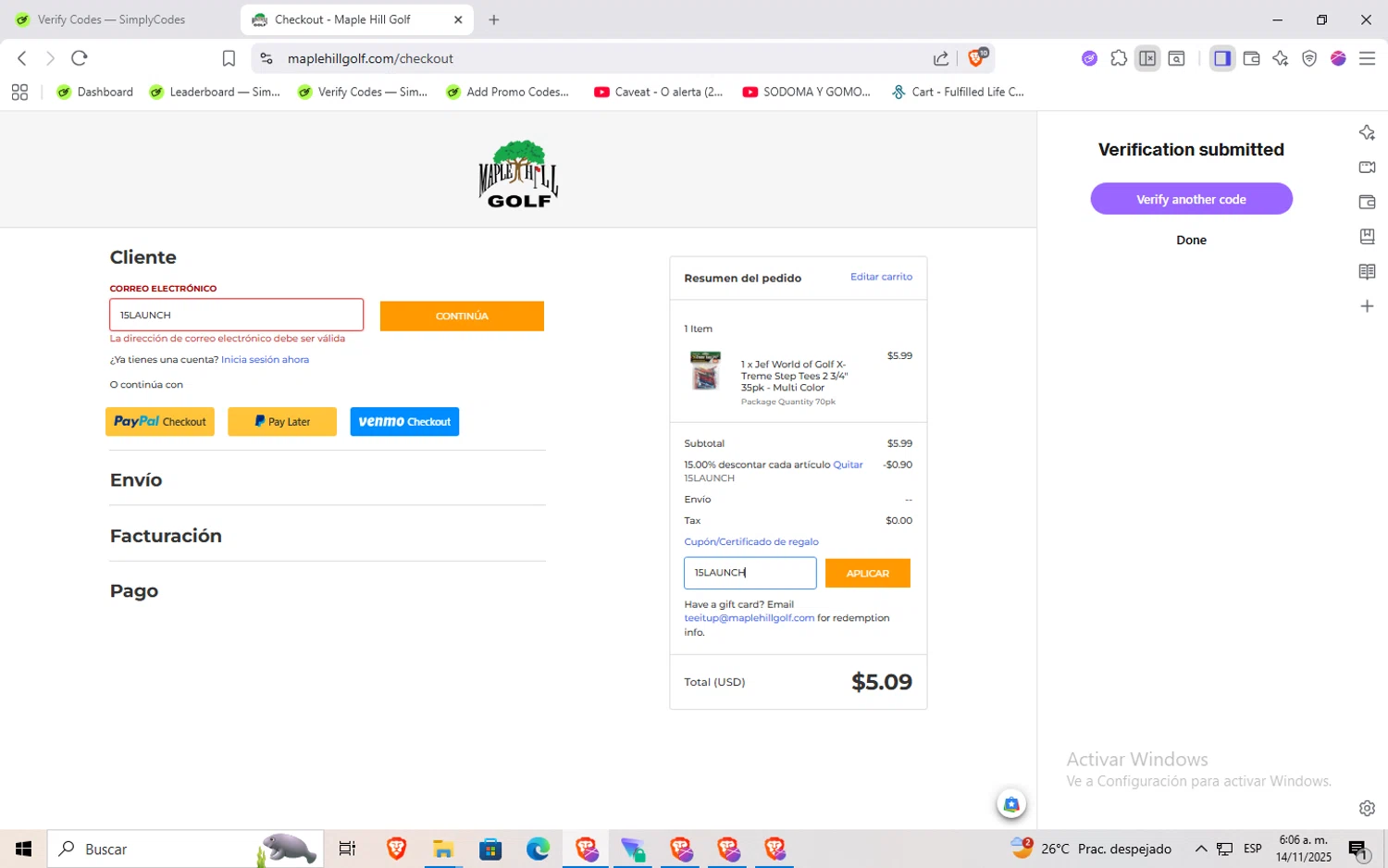 Maple Hill Golf coupon code screenshot showing code 15LAUNCH applied at Maple Hill Golf checkout page. Uploaded by SimplyCodes community member Rayyyyyy on Nov 14, 2025