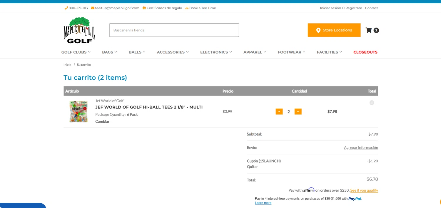 Maple Hill Golf coupon code screenshot showing code 15LAUNCH applied at Maple Hill Golf checkout page. Uploaded by SimplyCodes community member xier22 on Oct 22, 2025