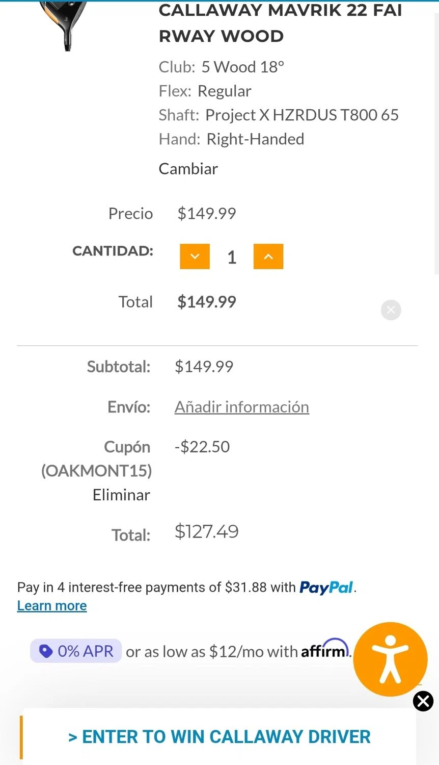 Maple Hill Golf coupon code screenshot showing code OAKMONT15 applied at Maple Hill Golf checkout page. Uploaded by SimplyCodes community member WiseCaptain5299 on Dec 24, 2025