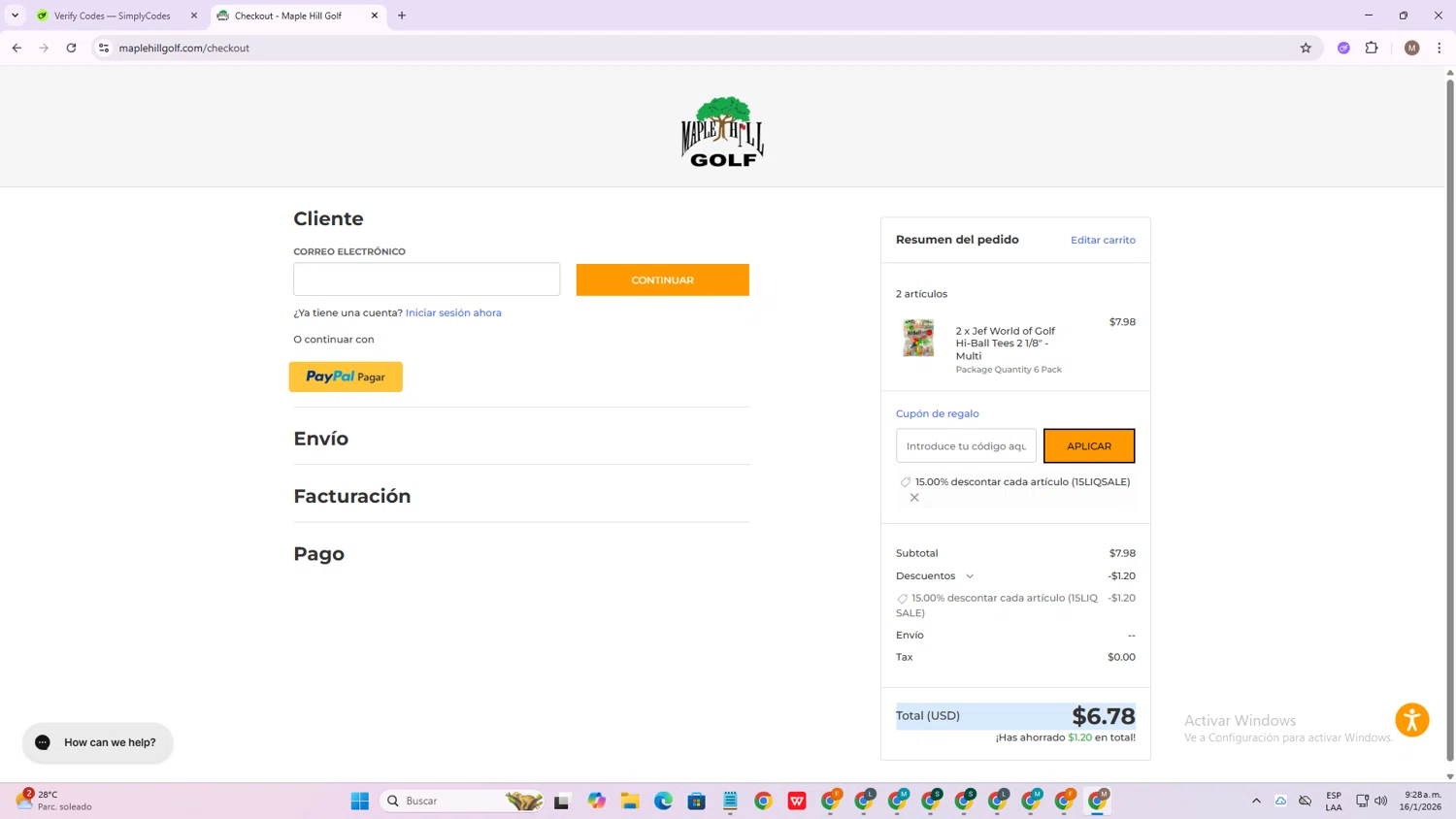 Maple Hill Golf checkout page showing Maple Hill Golf coupon code box | Screenshot taken by SimplyCodes community member on Jan 16, 2026