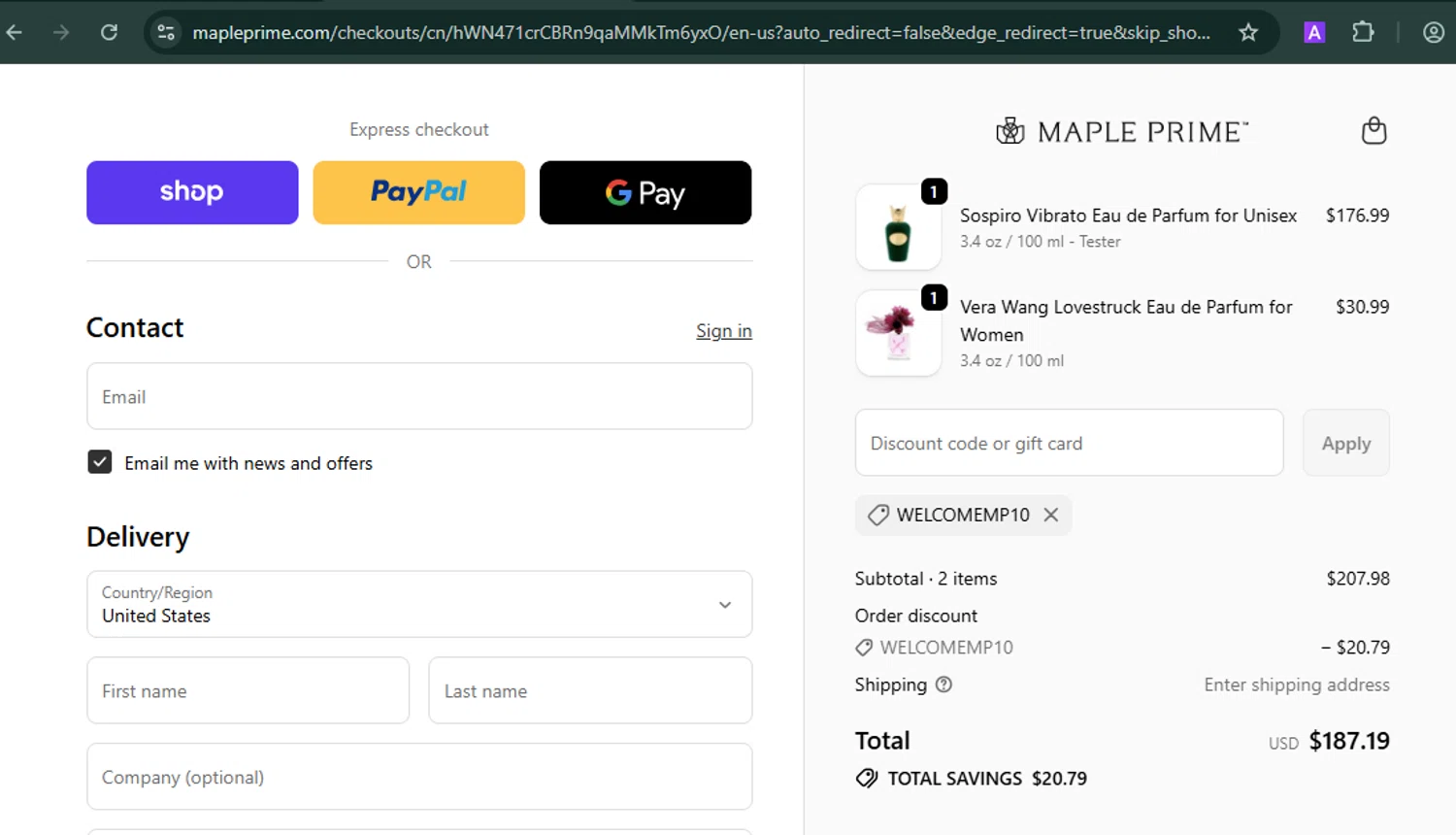 Maple Prime discount code screenshot showing code WELCOMEMP10 applied at Maple Prime checkout page. Uploaded by SimplyCodes community member MARCVH on Oct 14, 2025