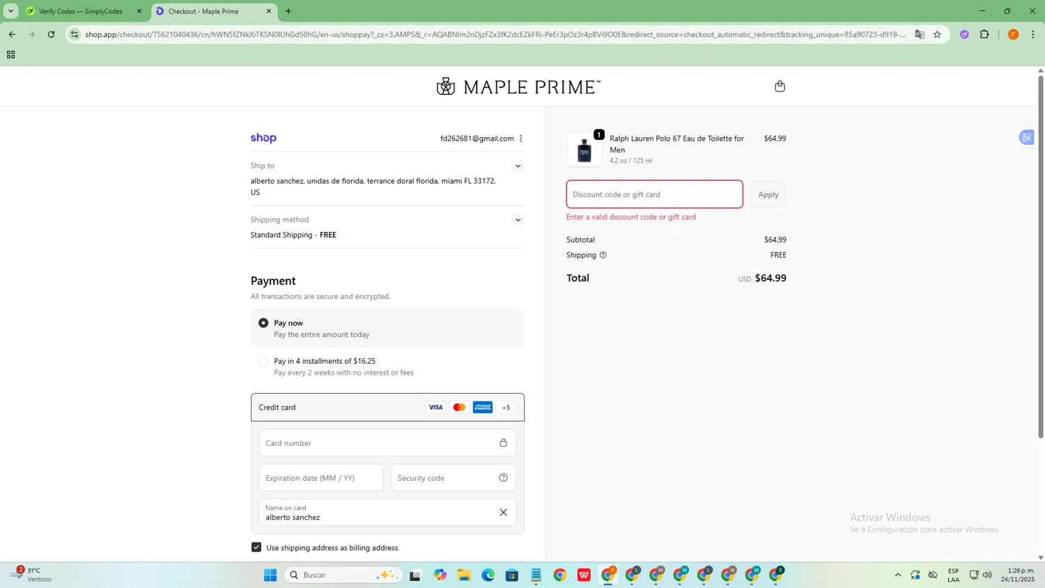 Maple Prime discount code screenshot showing code WELCOMEMP10 applied at Maple Prime checkout page. Uploaded by SimplyCodes community member SavvyCollector9528 on Nov 24, 2025