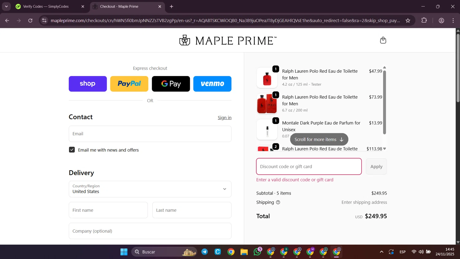 Maple Prime discount code screenshot showing code WELCOMEMP10 applied at Maple Prime checkout page. Uploaded by SimplyCodes community member SilverWhiz4145 on Nov 24, 2025