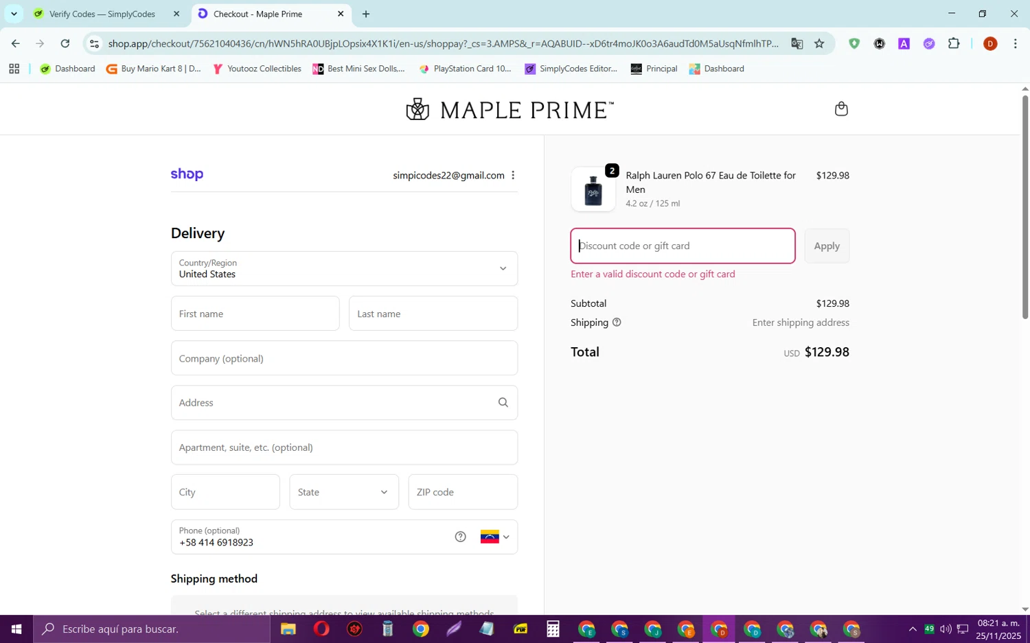 Maple Prime discount code screenshot showing code CART10 applied at Maple Prime checkout page. Uploaded by SimplyCodes community member SaleSaver3540 on Nov 25, 2025