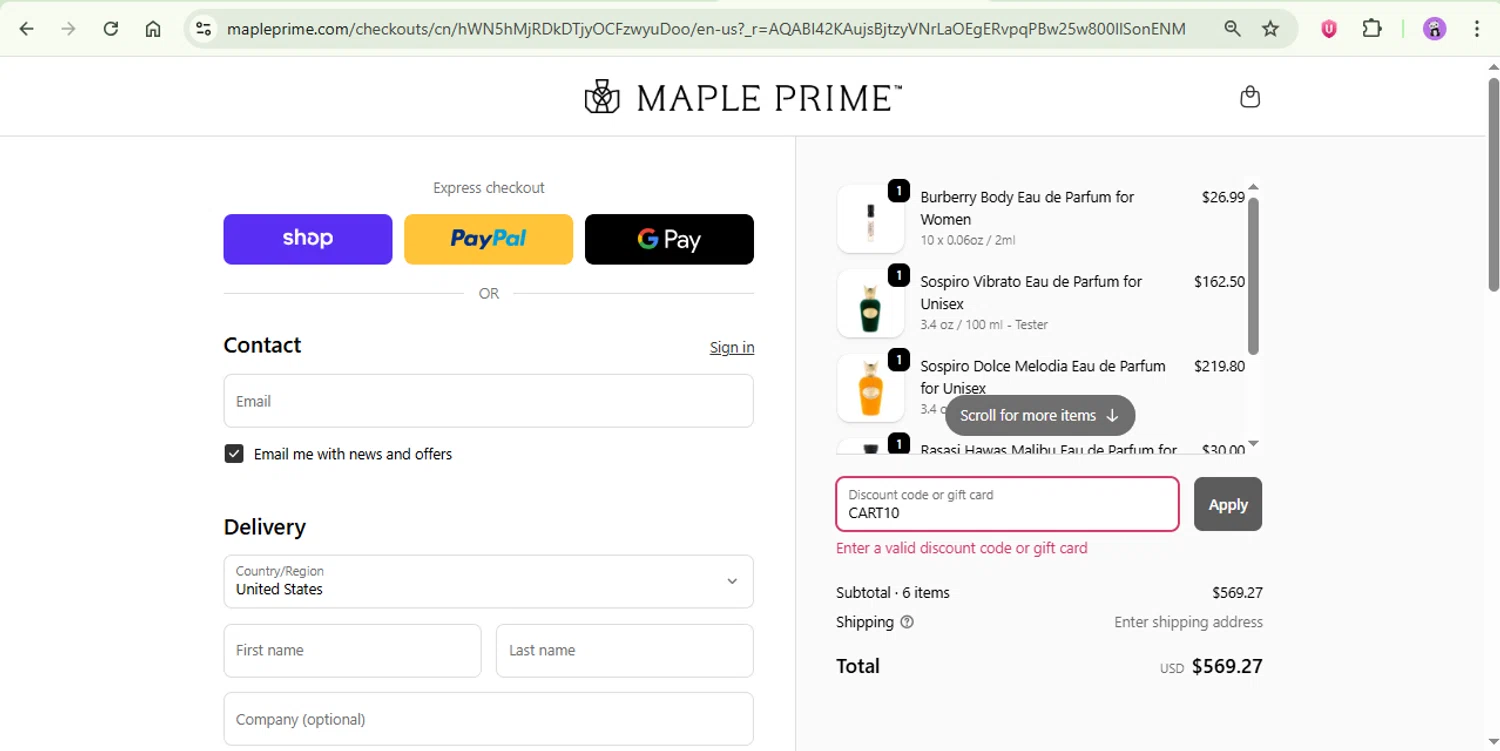 Maple Prime discount code screenshot showing code CART10 applied at Maple Prime checkout page. Uploaded by SimplyCodes community member rapc3030 on Nov 25, 2025