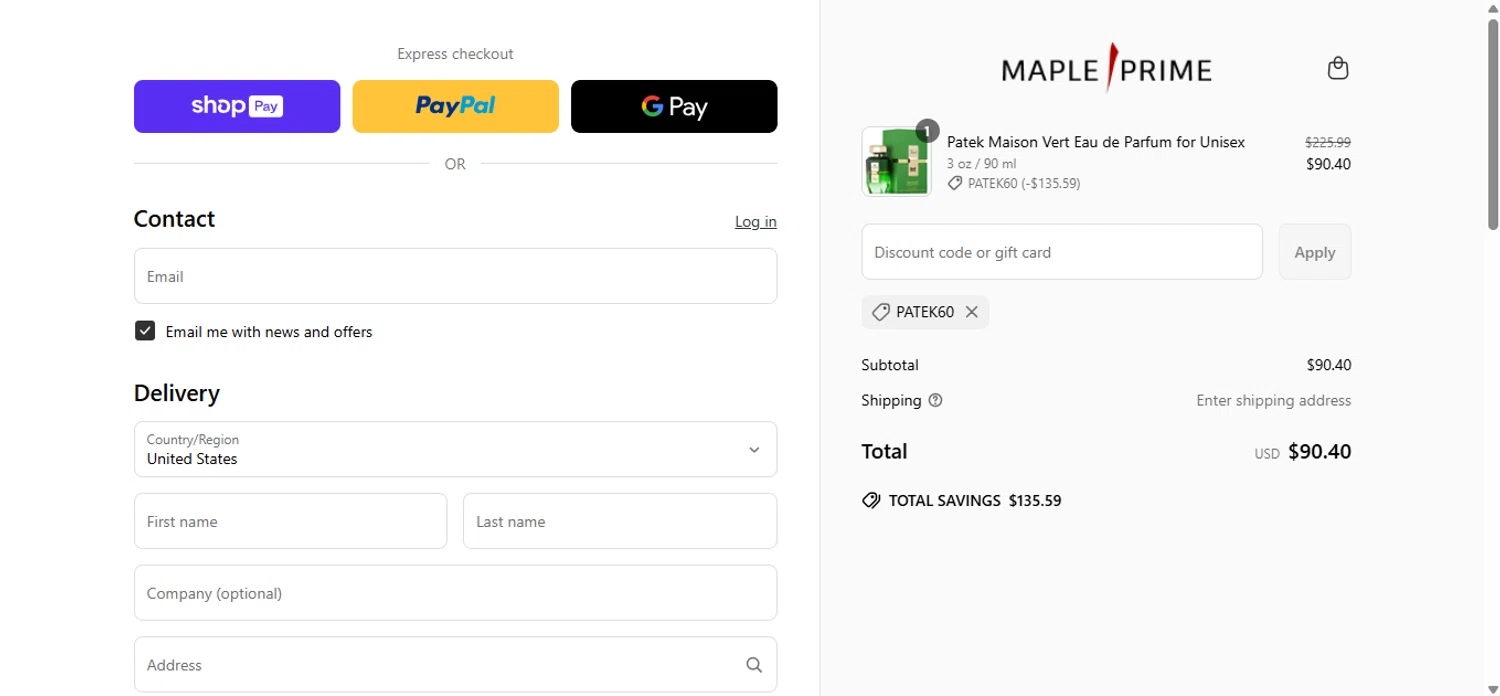 Maple Prime discount code screenshot showing code PATEK60 applied at Maple Prime checkout page. Uploaded by SimplyCodes community member anosesmith on Apr 21, 2025