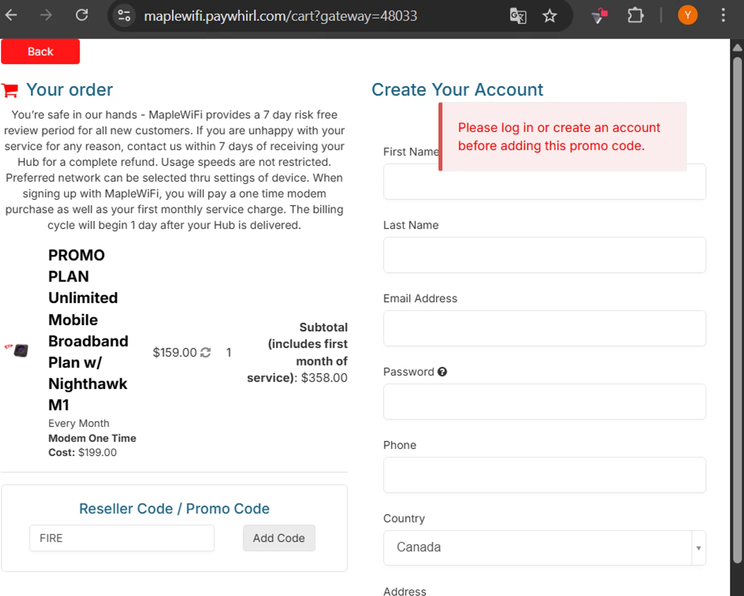 Maple WiFI promo code screenshot showing code FIRE applied at Maple WiFI checkout page. Uploaded by SimplyCodes community member TheYeffry on Jun 21, 2025