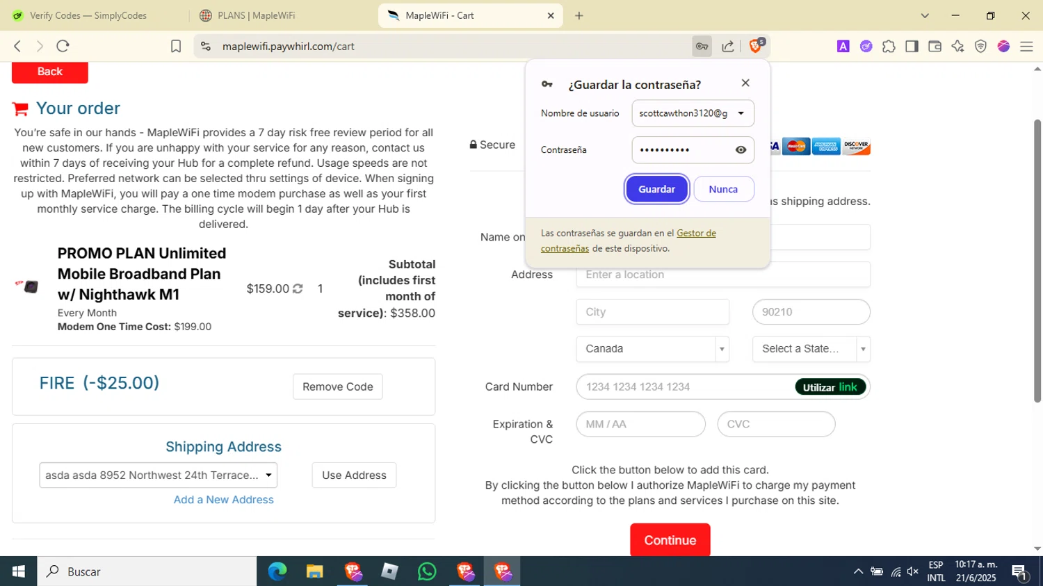 Maple WiFI promo code screenshot showing code FIRE applied at Maple WiFI checkout page. Uploaded by SimplyCodes community member underwater on Jun 21, 2025