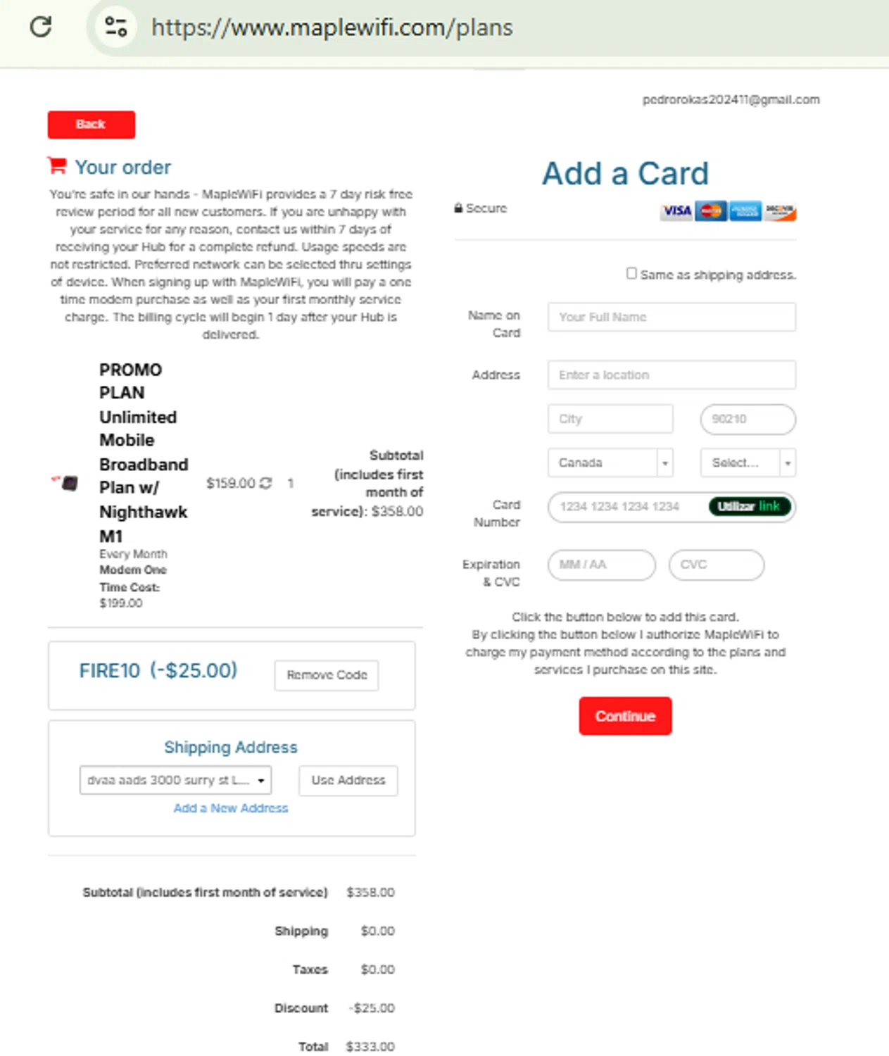 Maple WiFI promo code screenshot showing code FIRE10 applied at Maple WiFI checkout page. Uploaded by SimplyCodes community member RewardFinder4836 on Aug 22, 2025