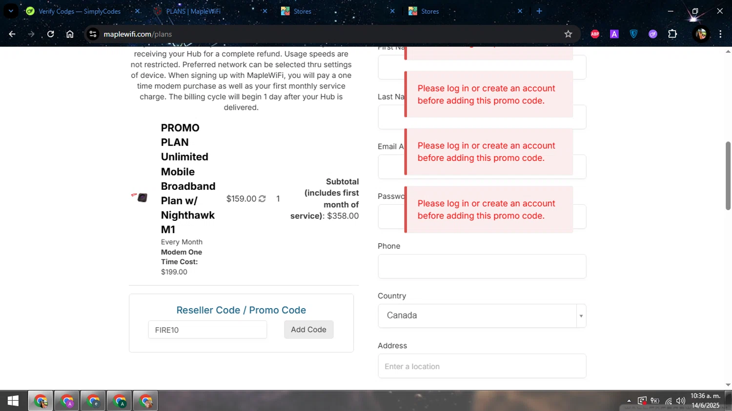 Maple WiFI promo code screenshot showing code FIRE10 applied at Maple WiFI checkout page. Uploaded by SimplyCodes community member Simplycodes_ on Jun 14, 2025