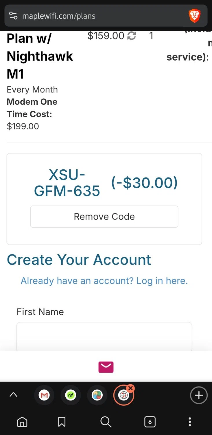 Maple WiFI promo code screenshot showing code XSU-GFM-635 applied at Maple WiFI checkout page. Uploaded by SimplyCodes community member GoldLynx7797 on Jun 14, 2025