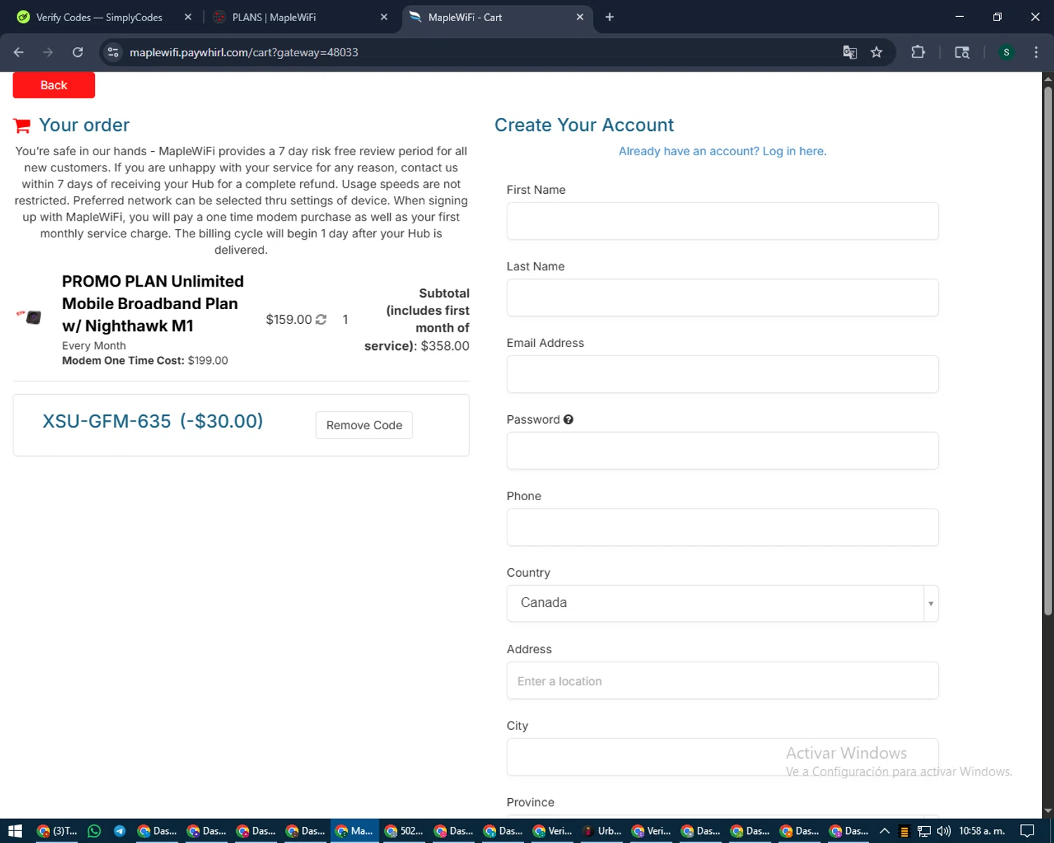 Maple WiFI promo code screenshot showing code XSU-GFM-635 applied at Maple WiFI checkout page. Uploaded by SimplyCodes community member lilMosey on Aug 22, 2025
