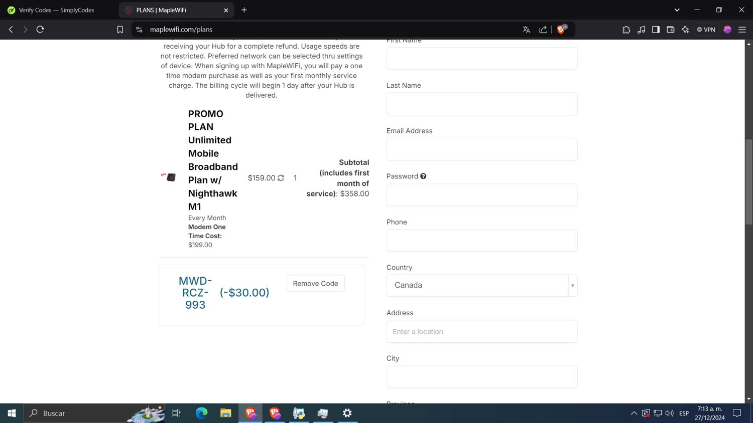 Maple WiFI promo code screenshot showing code MWD-RCZ-993 applied at Maple WiFI checkout page. Uploaded by SimplyCodes community member kkkkkkkkkkkkkkkkkkkk on Dec 27, 2024