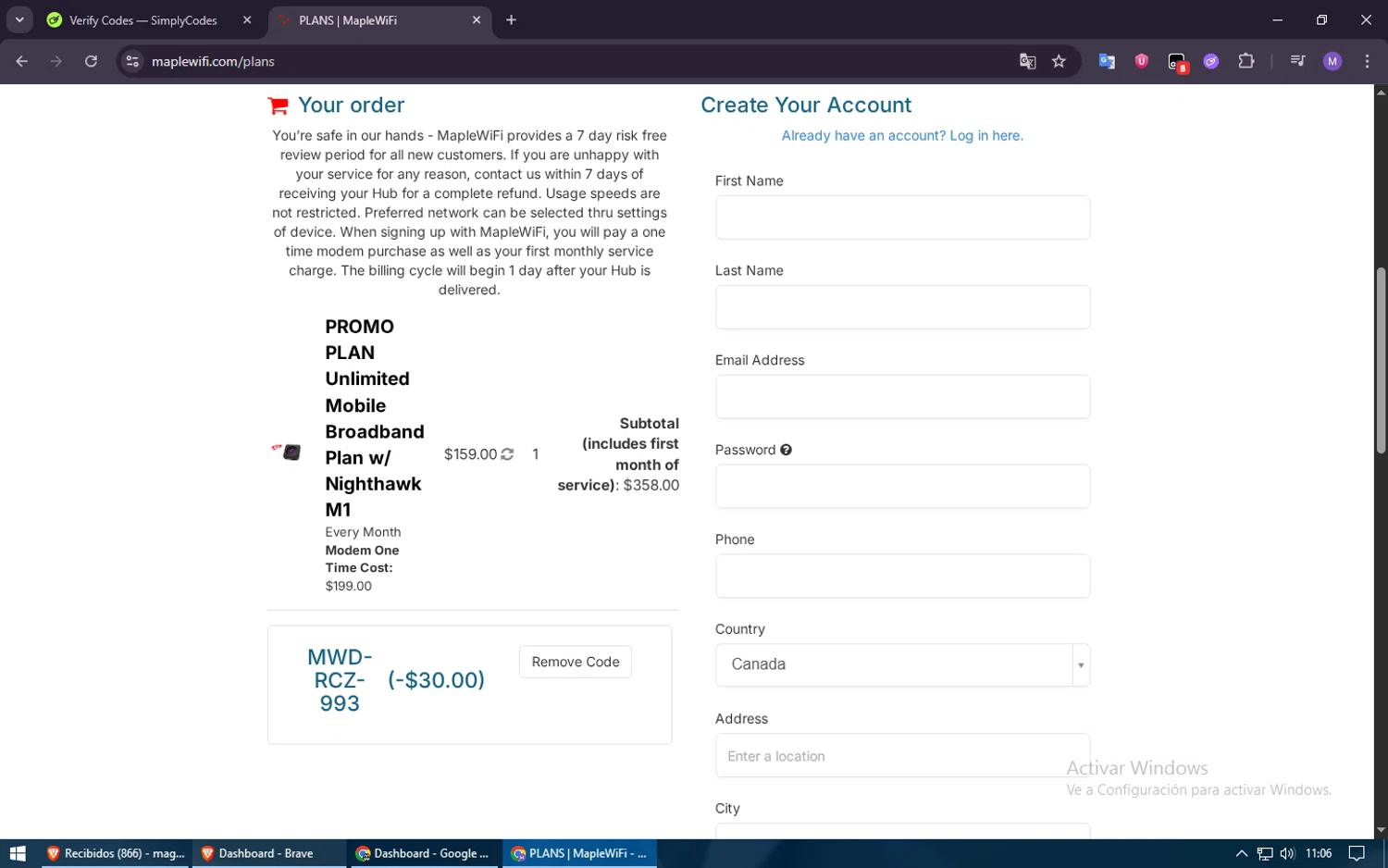 Maple WiFI promo code screenshot showing code MWD-RCZ-993 applied at Maple WiFI checkout page. Uploaded by SimplyCodes community member ShieldElite2370 on Jun 21, 2025