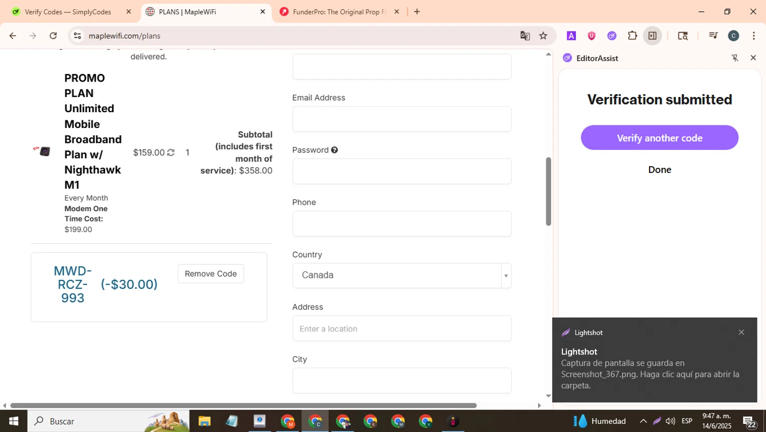Maple WiFI promo code screenshot showing code MWD-RCZ-993 applied at Maple WiFI checkout page. Uploaded by SimplyCodes community member benjamnlev on Jun 14, 2025