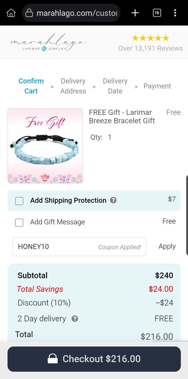 Marahlago checkout page showing Marahlago discount code box | Screenshot taken by SimplyCodes community member on Jun 15, 2025