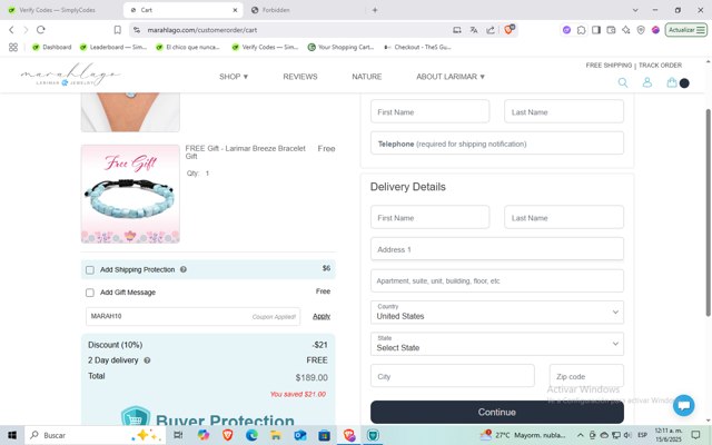 Marahlago checkout page showing Marahlago discount code box | Screenshot taken by SimplyCodes community member on Jun 15, 2025