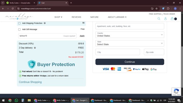 Marahlago checkout page showing Marahlago discount code box | Screenshot taken by SimplyCodes community member on Jun 22, 2025