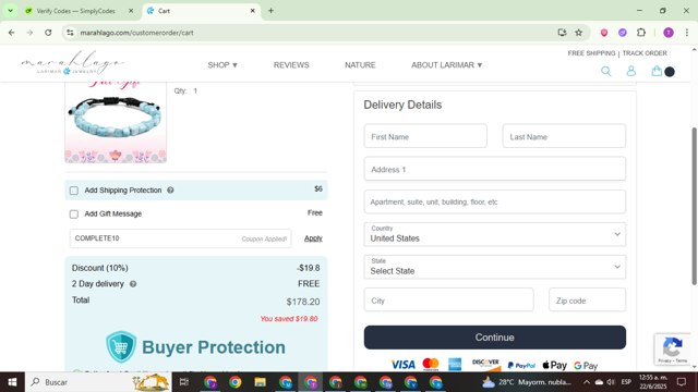 Marahlago checkout page showing Marahlago discount code box | Screenshot taken by SimplyCodes community member on Jun 22, 2025