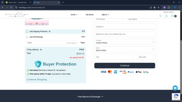 Marahlago checkout page showing Marahlago discount code box | Screenshot taken by SimplyCodes community member on Aug 28, 2025